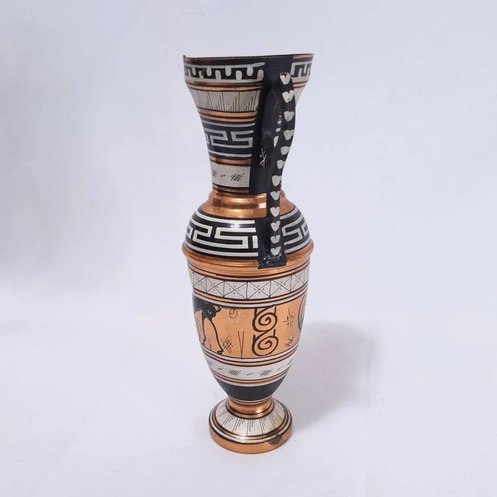 Vintage Greek Copper Vase Urn Amphora Double Handle Hand Painted‎ Deer, 9